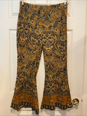 Nine Lives Bazaar Mustard & Black Paisley Boot-Cut Jumpsuit Pants